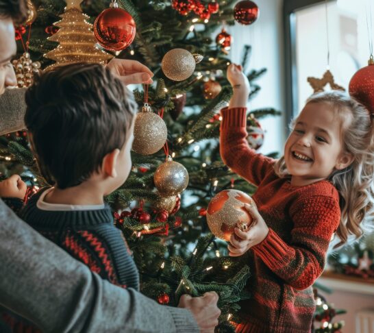 Father and Daughter Decorating a Christmas Tree, A family decorating a Christmas tree together, laughing and singing carols as they hang ornaments and string lights Christmas Day Brunch Buffet at Nourish